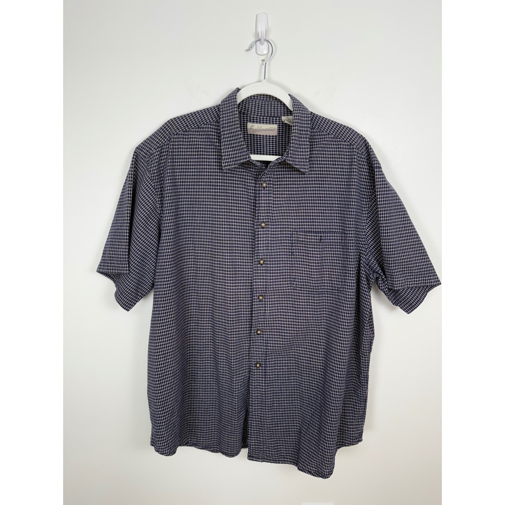 Fieldmaster Mens XL Blue Tan Check Short Sleeve Cotton Button Down Shirt